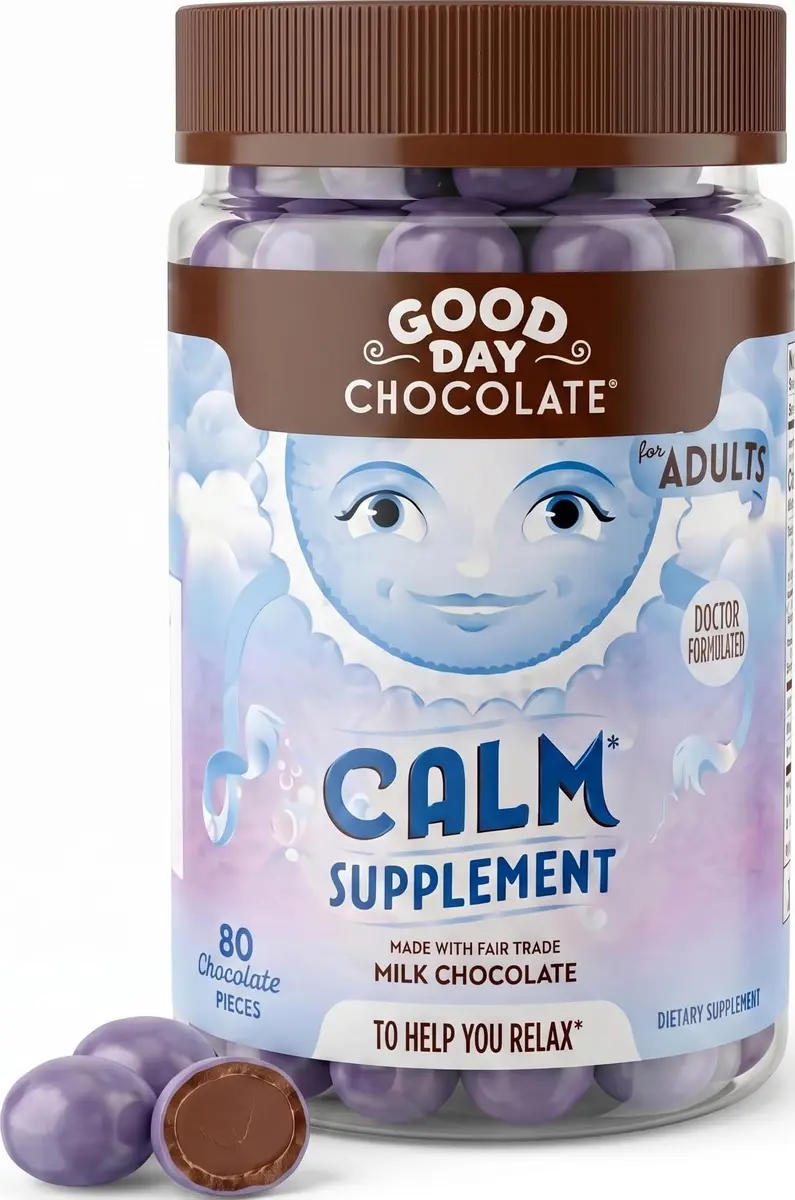 Good Day Chocolate Natural Calming Supplement for Adults | 80 Chewable Milk Chocolates with Camomile & Magnesium - main product image