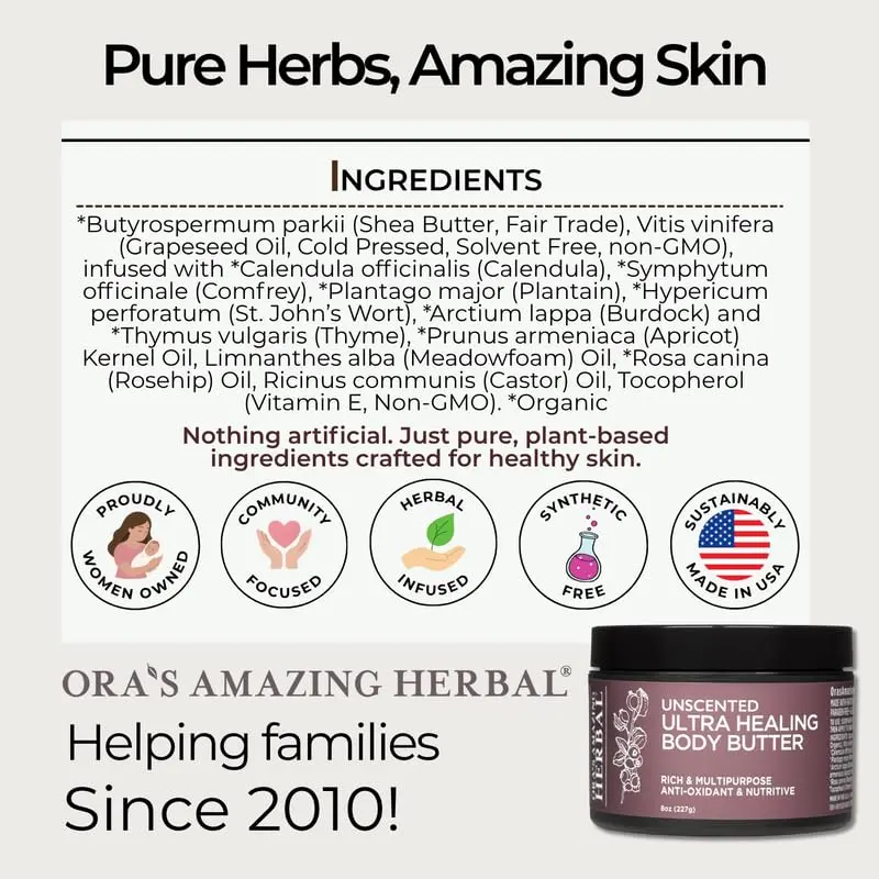 Ora's Herbal Unscented Ultra Healing Body Butter for Dry Skin, Shea, 8oz | Deep Moisturizer with Botanical Oils - view 7