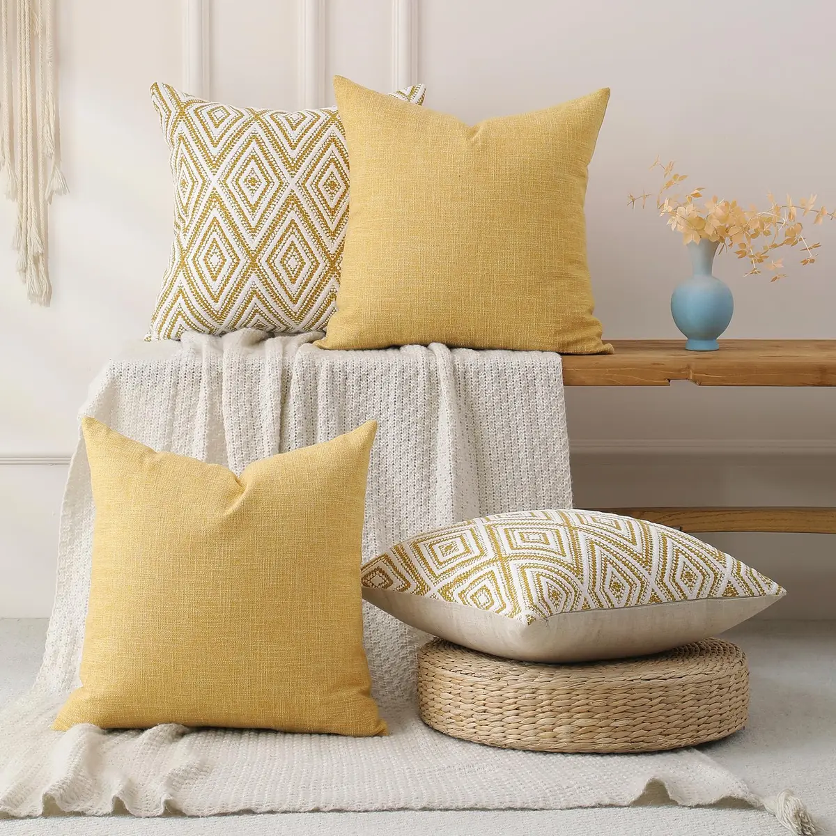 HPUK Throw Pillow Covers 18x18 | Textured Linen Couch Pillow Set of 4 in Ochre - view 5