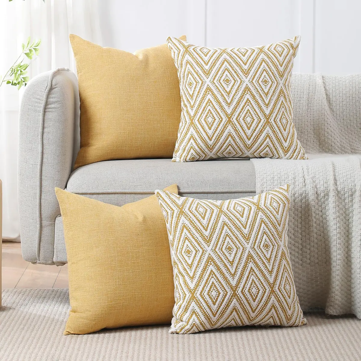HPUK Throw Pillow Covers 18x18 | Textured Linen Couch Pillow Set of 4 in Ochre - view 7