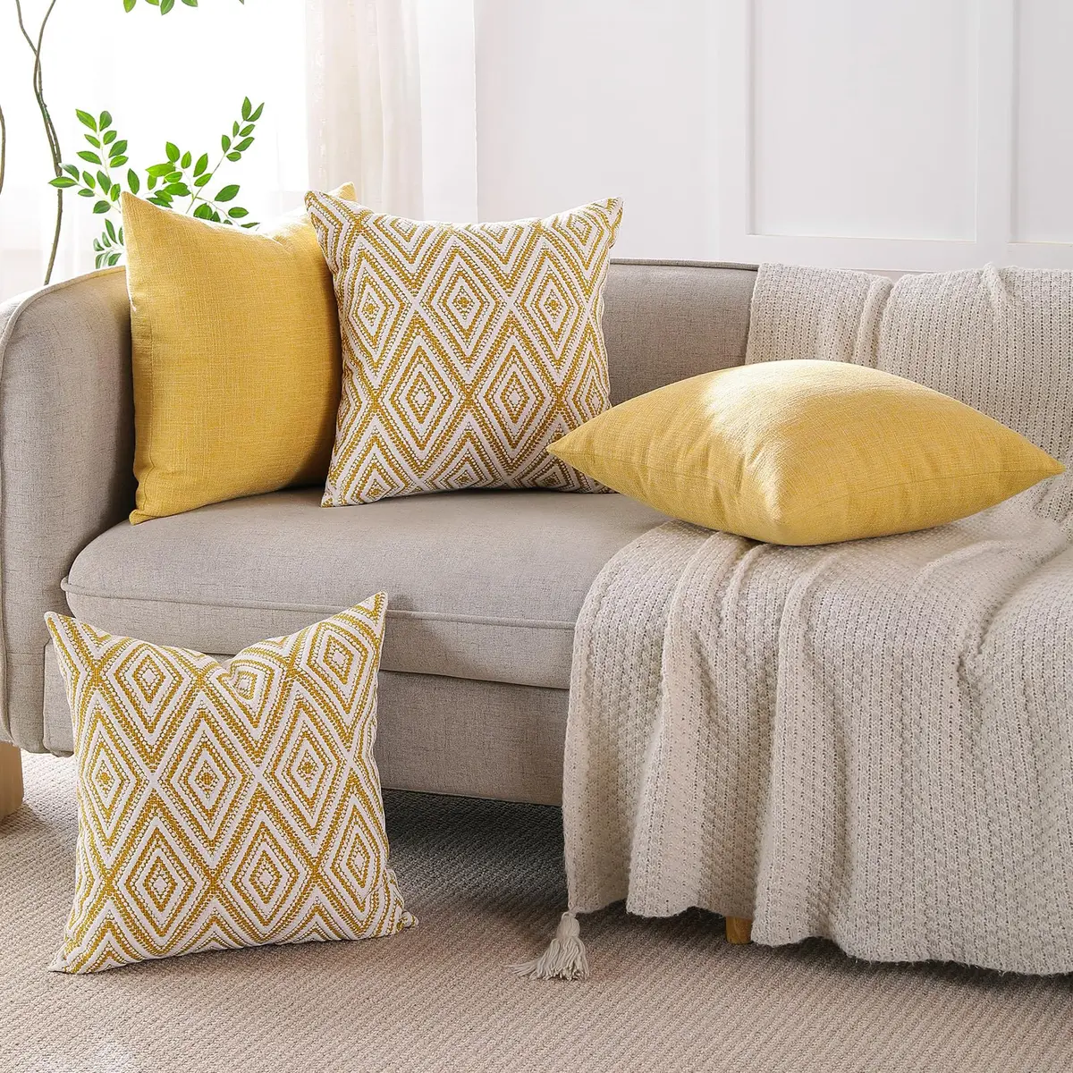 HPUK Throw Pillow Covers 18x18 | Textured Linen Couch Pillow Set of 4 in Ochre - view 8