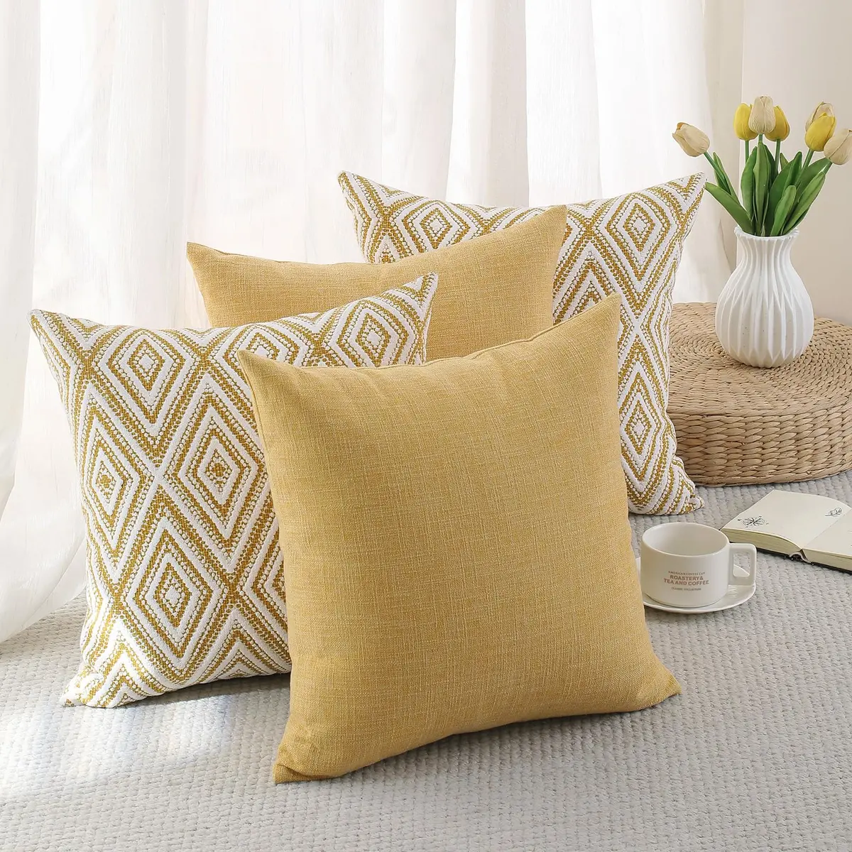 HPUK Throw Pillow Covers 18x18 | Textured Linen Couch Pillow Set of 4 in Ochre - view 3