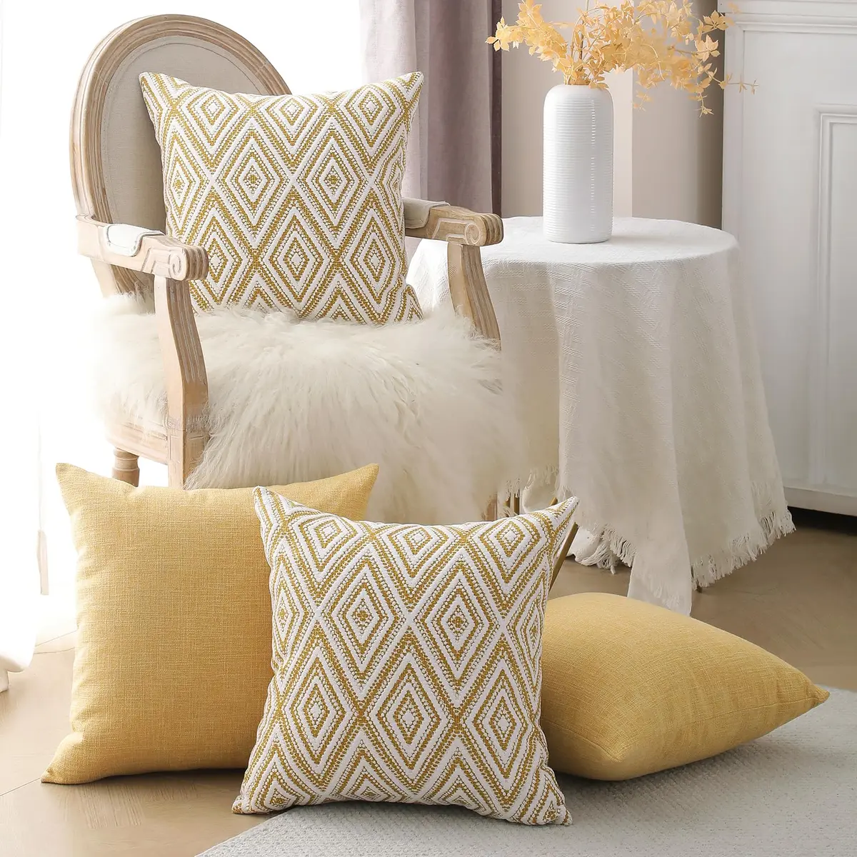 HPUK Throw Pillow Covers 18x18 | Textured Linen Couch Pillow Set of 4 in Ochre - view 4