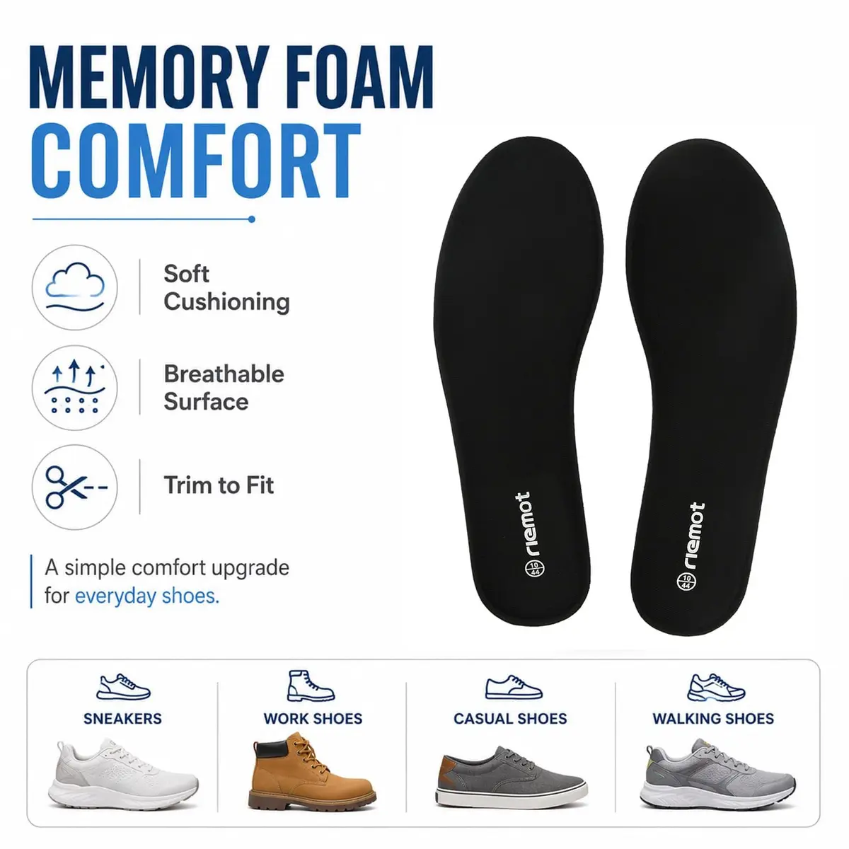riemot Memory Foam Shoe Insoles for Women and Men Black-8mm EU 41 | Cloud-Soft Comfort Support - view 5