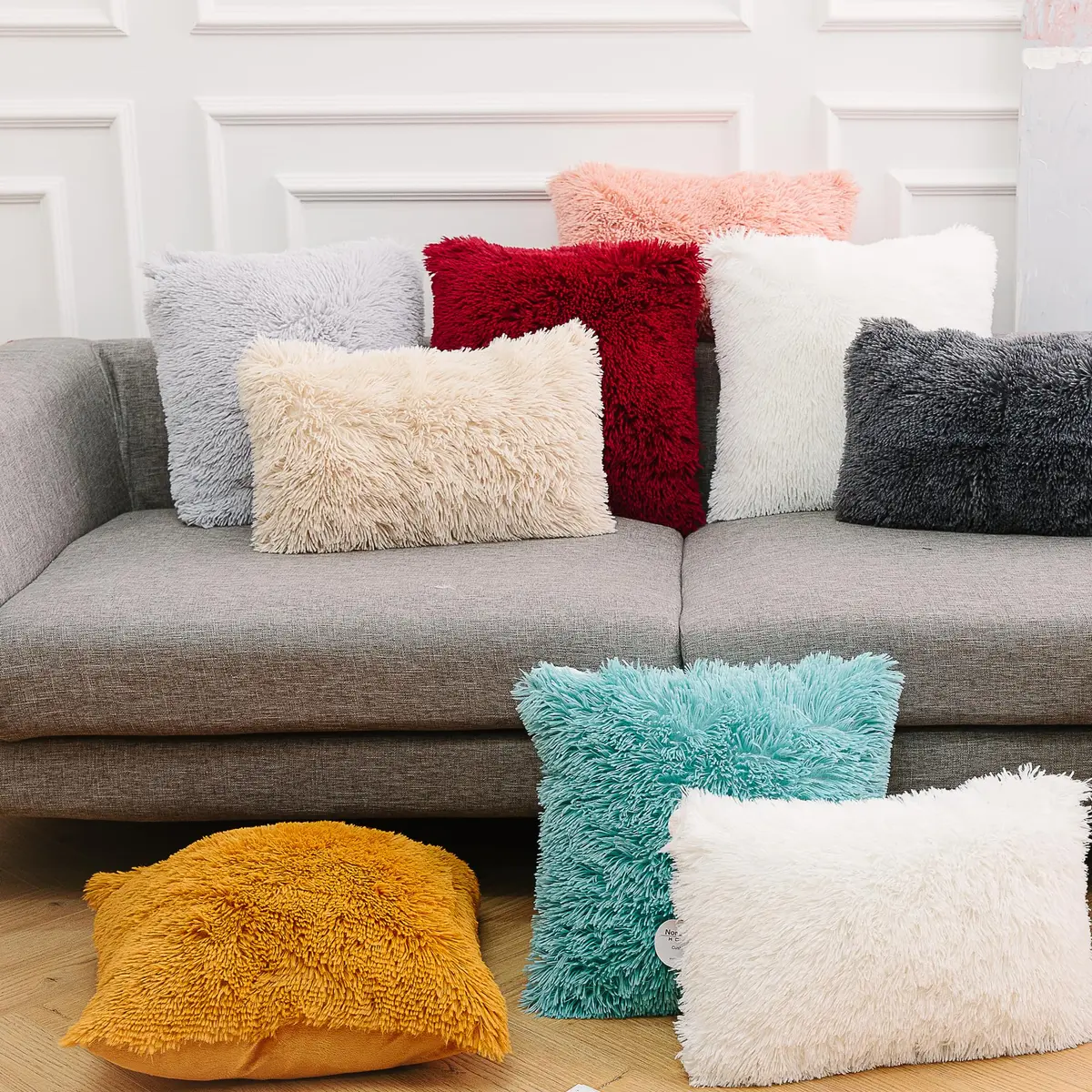 NordECO HOME Faux Fur Throw Pillow Covers 18x18 Inches | Plush Grey Decor for Couch & Bed - view 6
