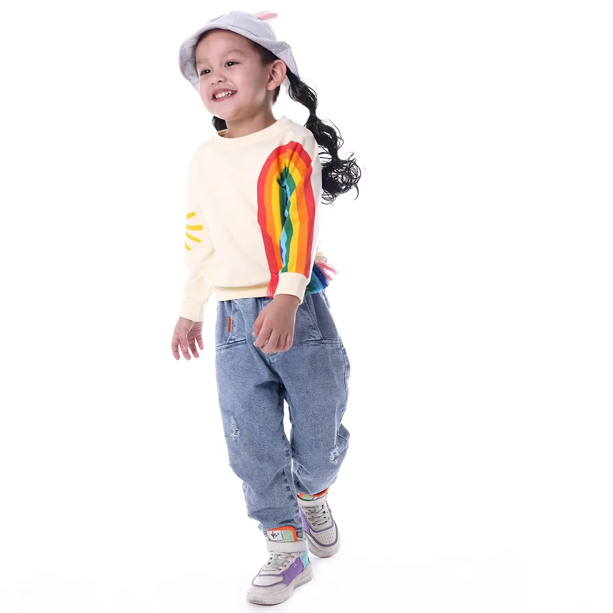 BINIDUCKLING Little Kids Crew Neck Rainbow Sweatshirt Girls 4T | Breathable Cotton Blend for Toddler Comfort - view 3
