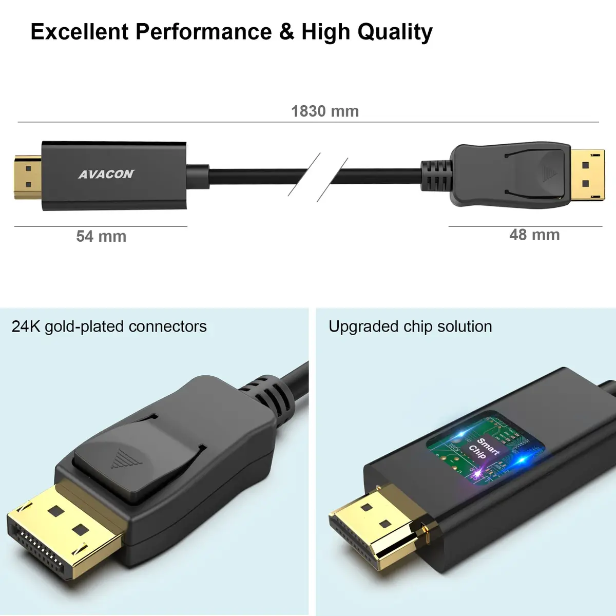 AVACON 4K DisplayPort to HDMI 6 Feet Cable 2 Pack | Uni-Directional DP 1.2 to HDMI 1.4, 3840x2160@30Hz, Gold-Plated, Shielded, Black - view 6