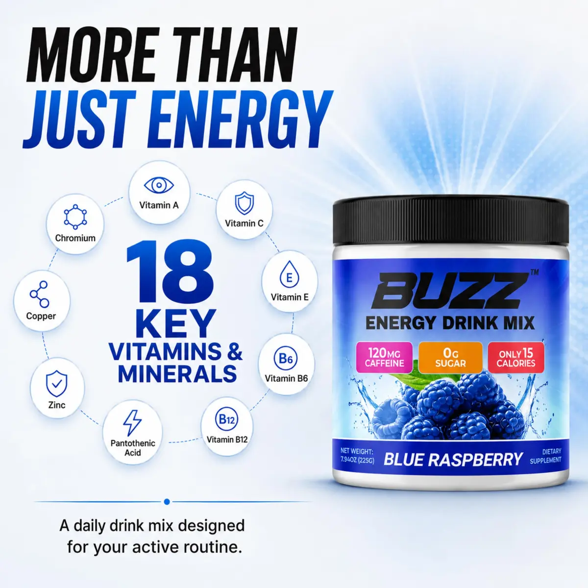 Morning Buzz Sugar Free Energy Drink Powder 30 Servings | Raspberry Flavor, Vegan, Gluten-Free - view 5