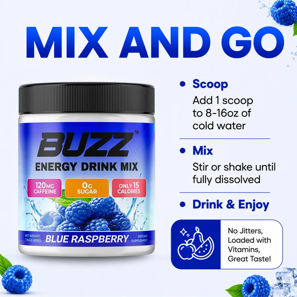 Morning Buzz Sugar Free Energy Drink Powder 30 Servings | Raspberry Flavor, Vegan, Gluten-Free - view 6