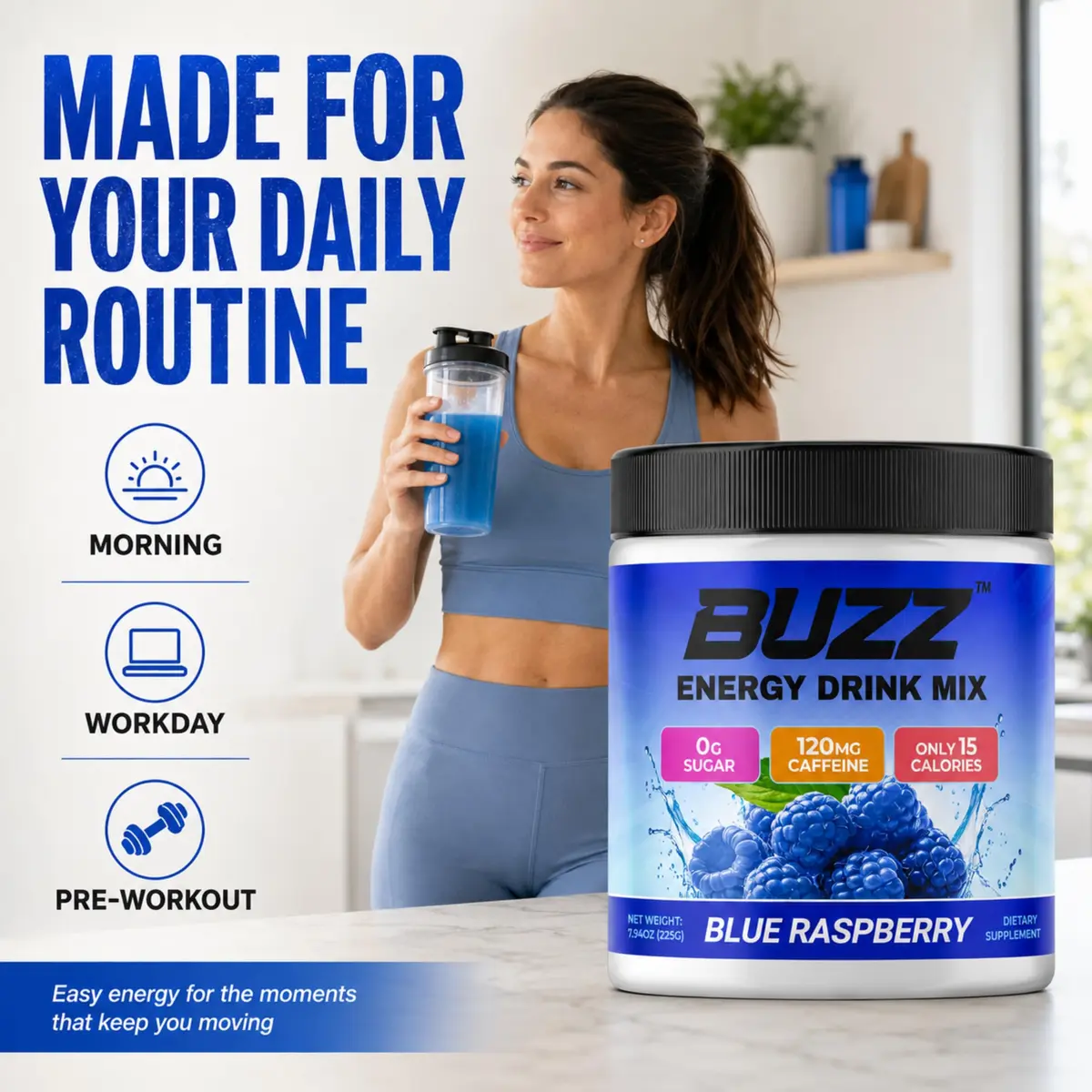 Morning Buzz Sugar Free Energy Drink Powder 30 Servings | Raspberry Flavor, Vegan, Gluten-Free - view 3