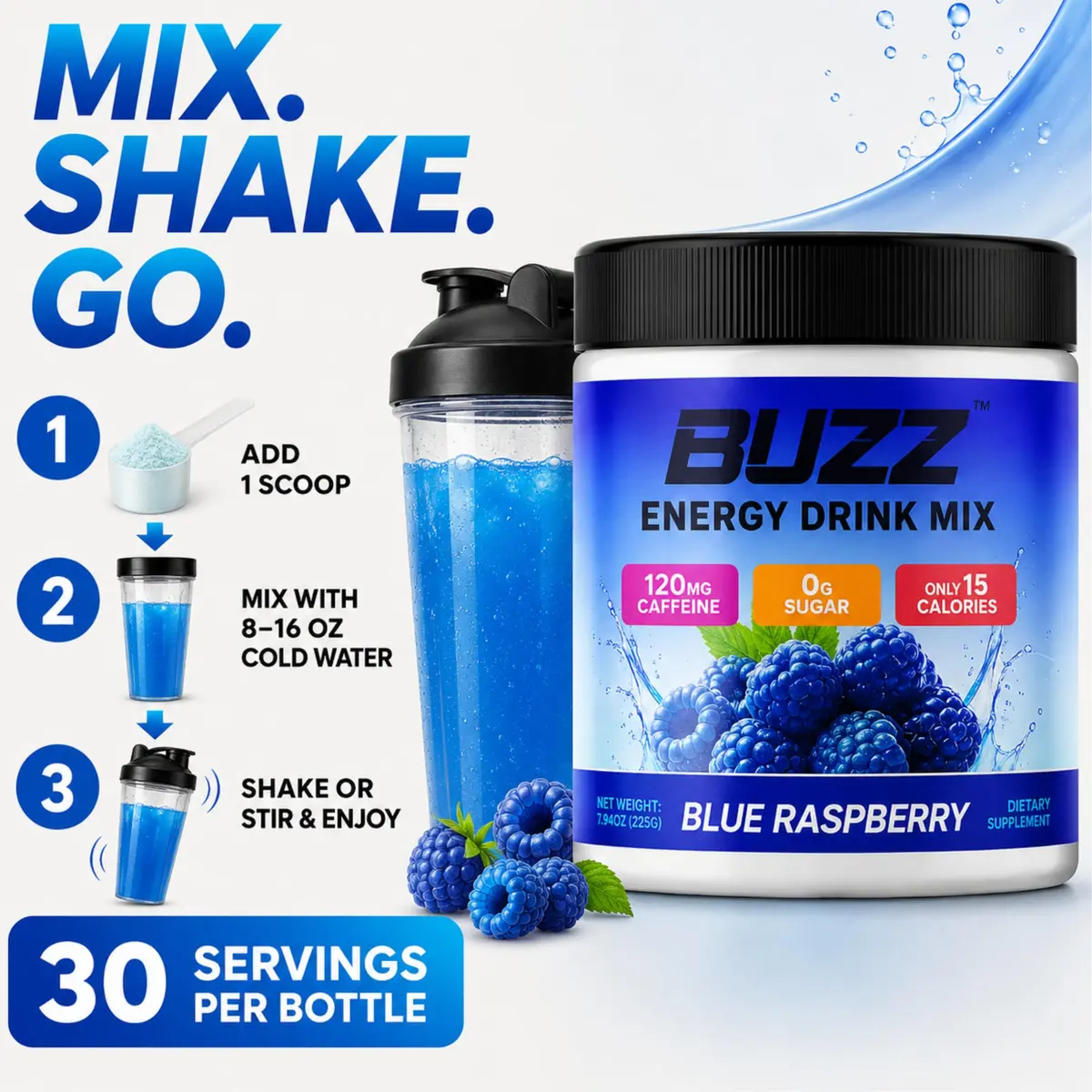 Morning Buzz Sugar Free Energy Drink Powder 30 Servings | Raspberry Flavor, Vegan, Gluten-Free - view 4