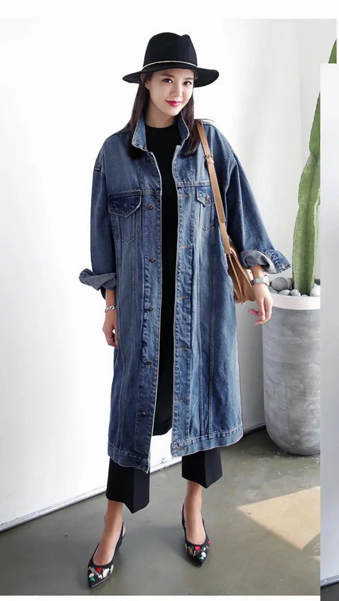 Jofemuho Womens Classic Jean Jacket Denim Trench Coat Blue L | Timeless Casual Style for Women - view 2