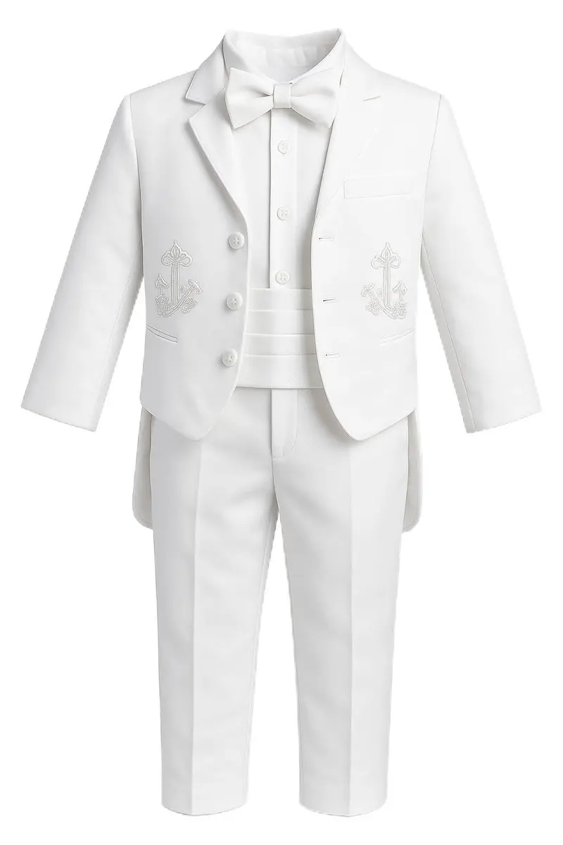 iGirlDress Baby Boys White Baptism Christening Mandarin Collar Tail 5 pcs Set | Embroidered Cross & Gold Details (3-6M) - main product image