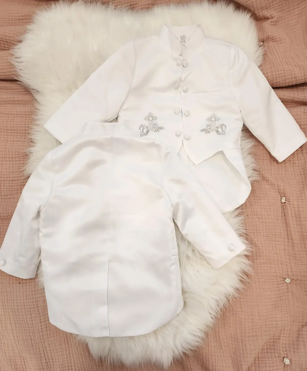 iGirlDress Baby Boys White Baptism Christening Mandarin Collar Tail 5 pcs Set | Embroidered Cross & Gold Details (3-6M) - view 5