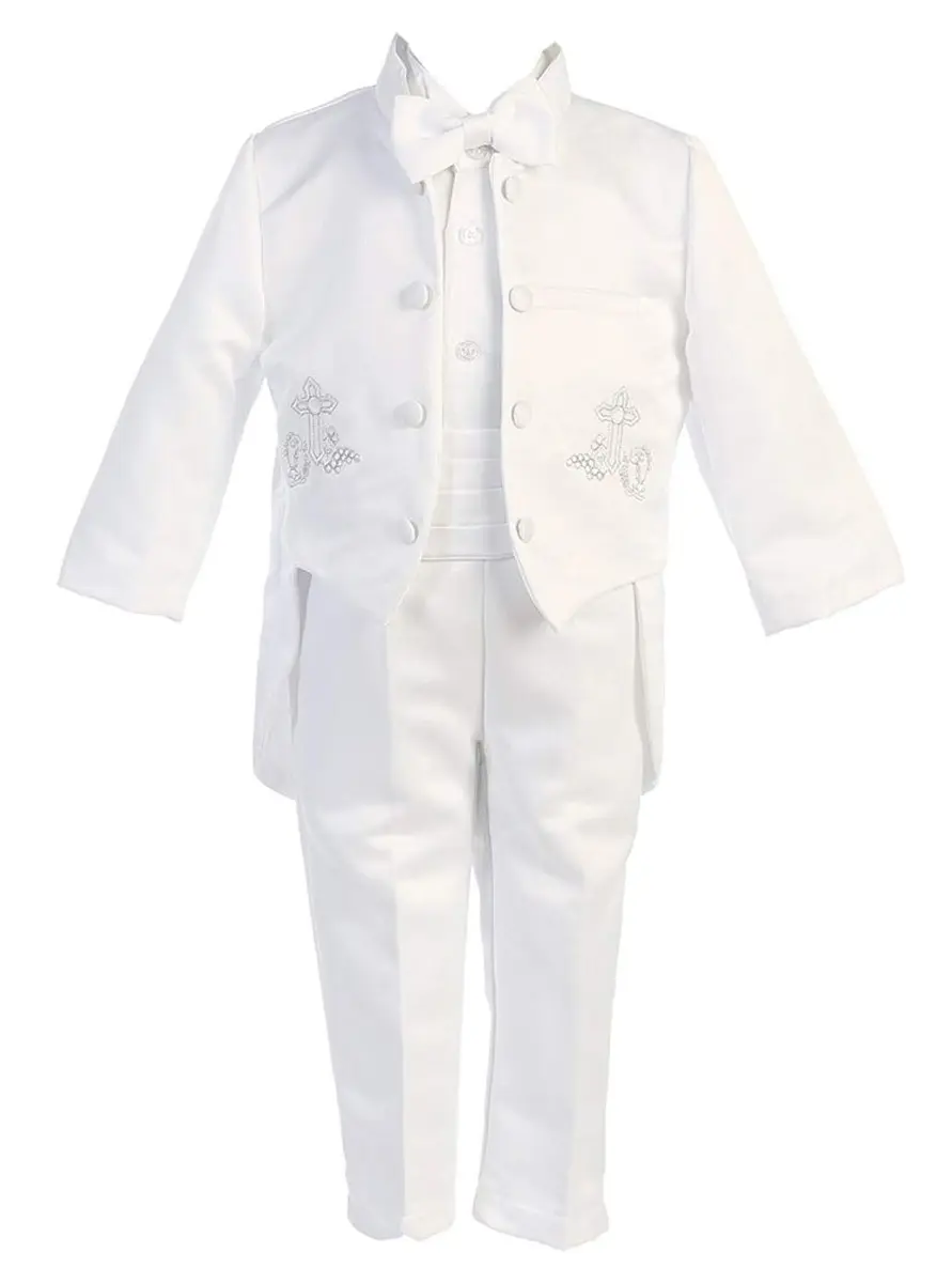 iGirlDress Baby Boys White Baptism Christening Mandarin Collar Tail 5 pcs Set | Embroidered Cross & Gold Details (3-6M) - view 2