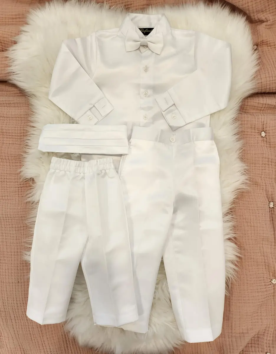 iGirlDress Baby Boys White Baptism Christening Mandarin Collar Tail 5 pcs Set | Embroidered Cross & Gold Details (3-6M) - view 3