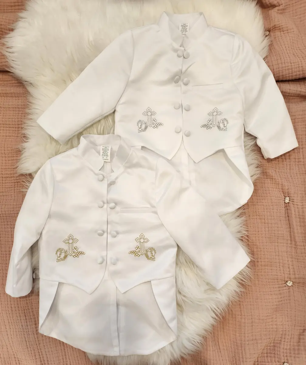 iGirlDress Baby Boys White Baptism Christening Mandarin Collar Tail 5 pcs Set | Embroidered Cross & Gold Details (3-6M) - view 4