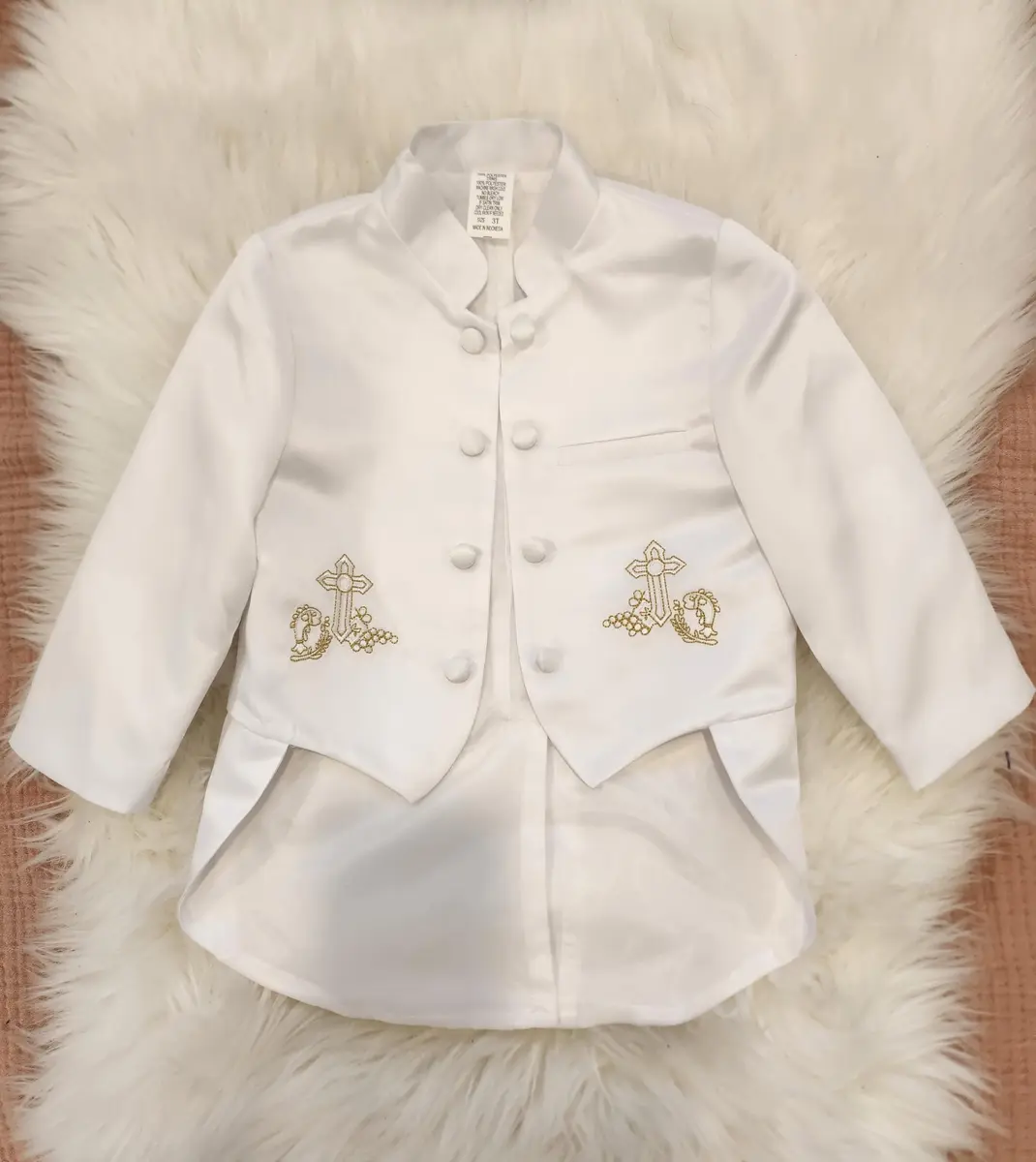 iGirlDress Baby Boys White Baptism Christening Mandarin Collar Tail 5 pcs Tuxedo with Silver Cross Embroidery (6-12 M) | Elegant Christening Outfit - view 6