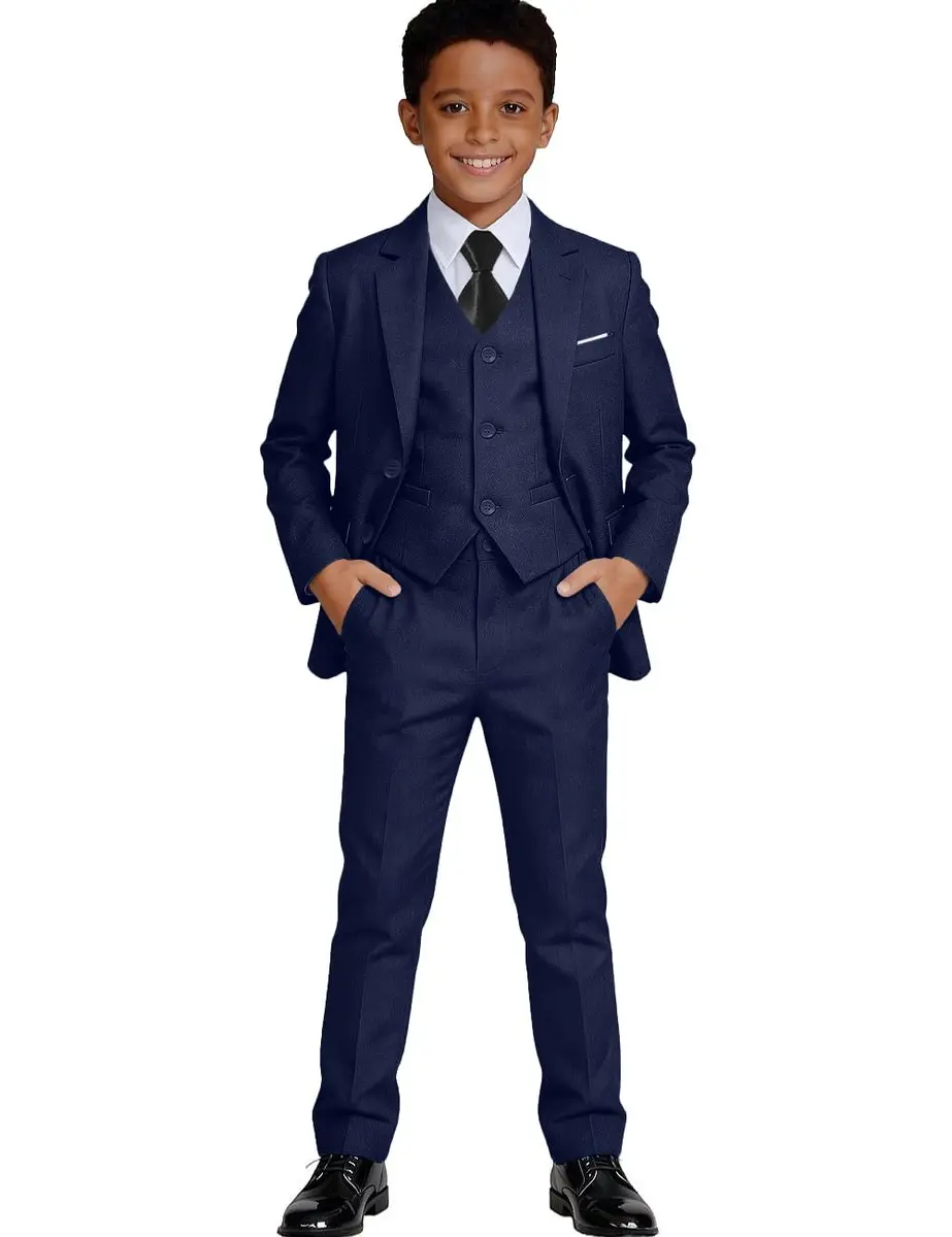 Visaccy Boys Suit Formal Ring Bearer Outfit for Boy Kids Navy Blue Suits Size 14 | Classic 5-Piece Suit with Slim Fit & Adjustable Waist - main product image