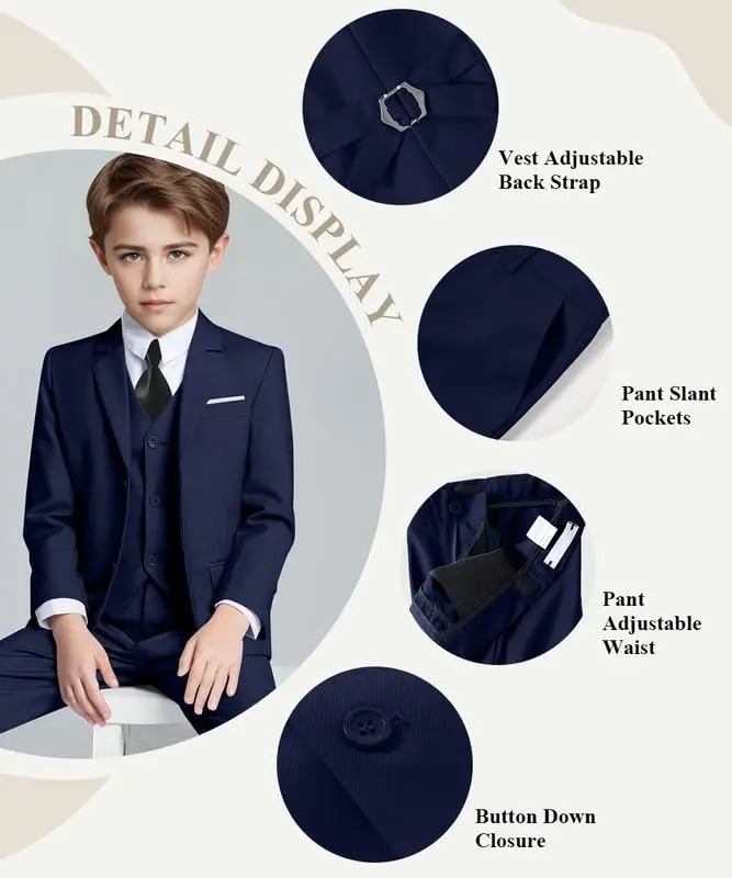 Visaccy Boys Suit Formal Ring Bearer Outfit for Boy Kids Navy Blue Suits Size 14 | Classic 5-Piece Suit with Slim Fit & Adjustable Waist - view 2