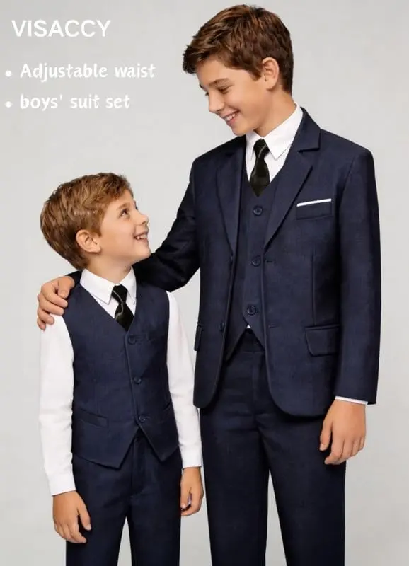 Visaccy Boys Suit Formal Ring Bearer Outfit for Boy Kids Navy Blue Suits Size 14 | Classic 5-Piece Suit with Slim Fit & Adjustable Waist - view 7