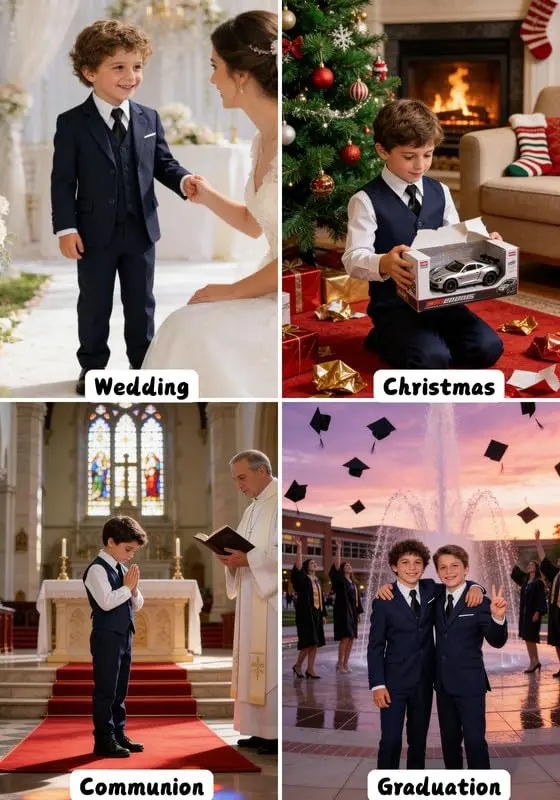 Visaccy Boys Suit Formal Ring Bearer Outfit for Boy Kids Navy Blue Suits Size 14 | Classic 5-Piece Suit with Slim Fit & Adjustable Waist - view 8