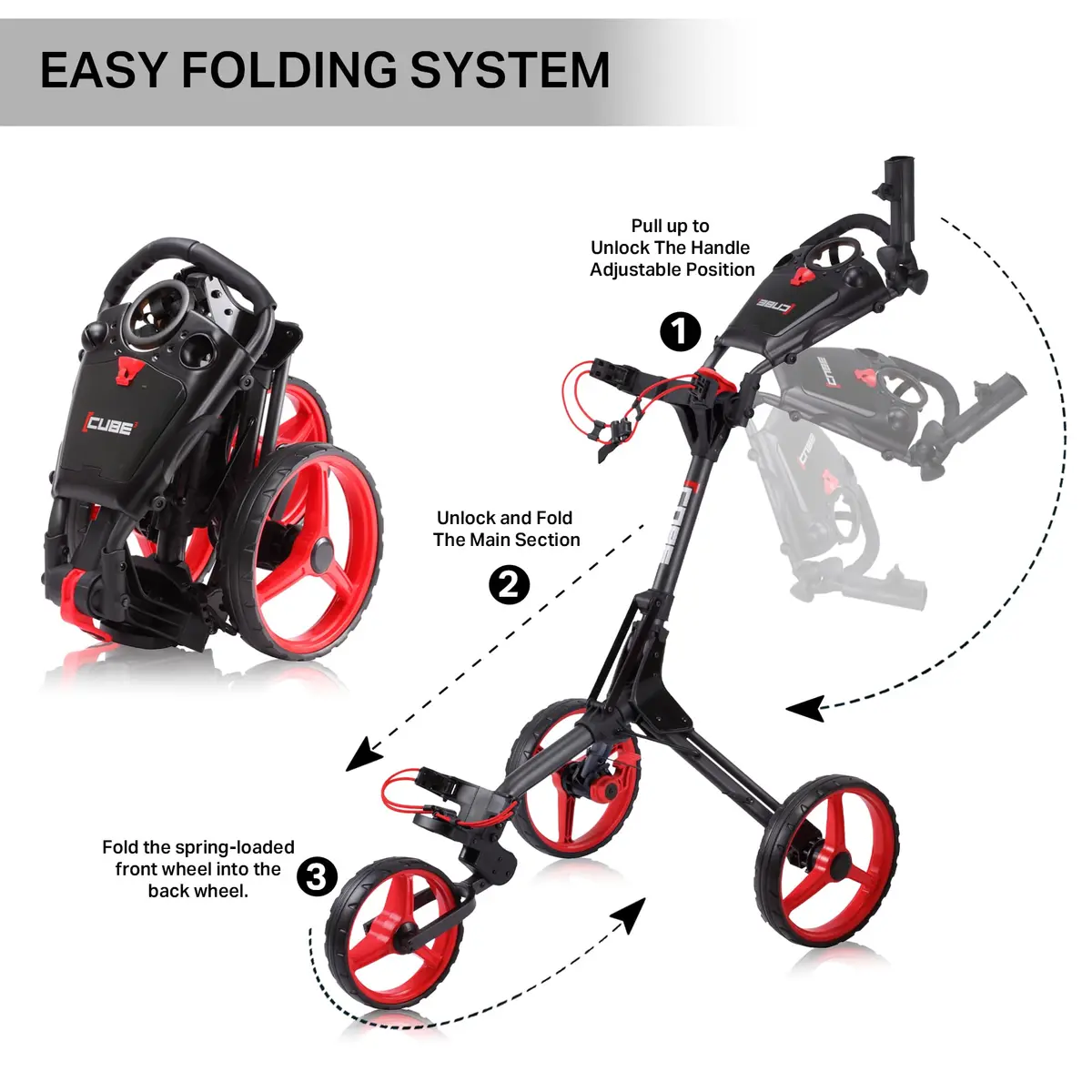 CUBE 3-Wheel Golf Push Cart 14.5 lb | Ultra-Compact Folding Trolley with Adjustable Handle & Foot Brake - view 6
