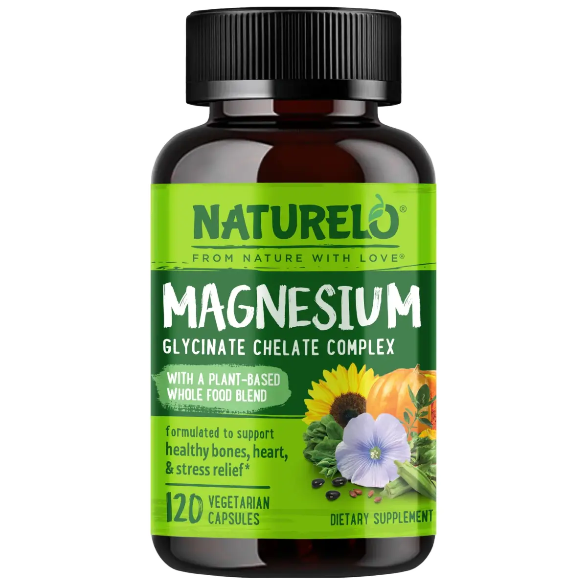 NATURELO Magnesium Glycinate Chelate Complex 200 mg 120 Count | Supports Sleep, Calm, Muscle Cramp & Stress Relief, Gluten Free, Non GMO, with Organic Vegetables - main product image
