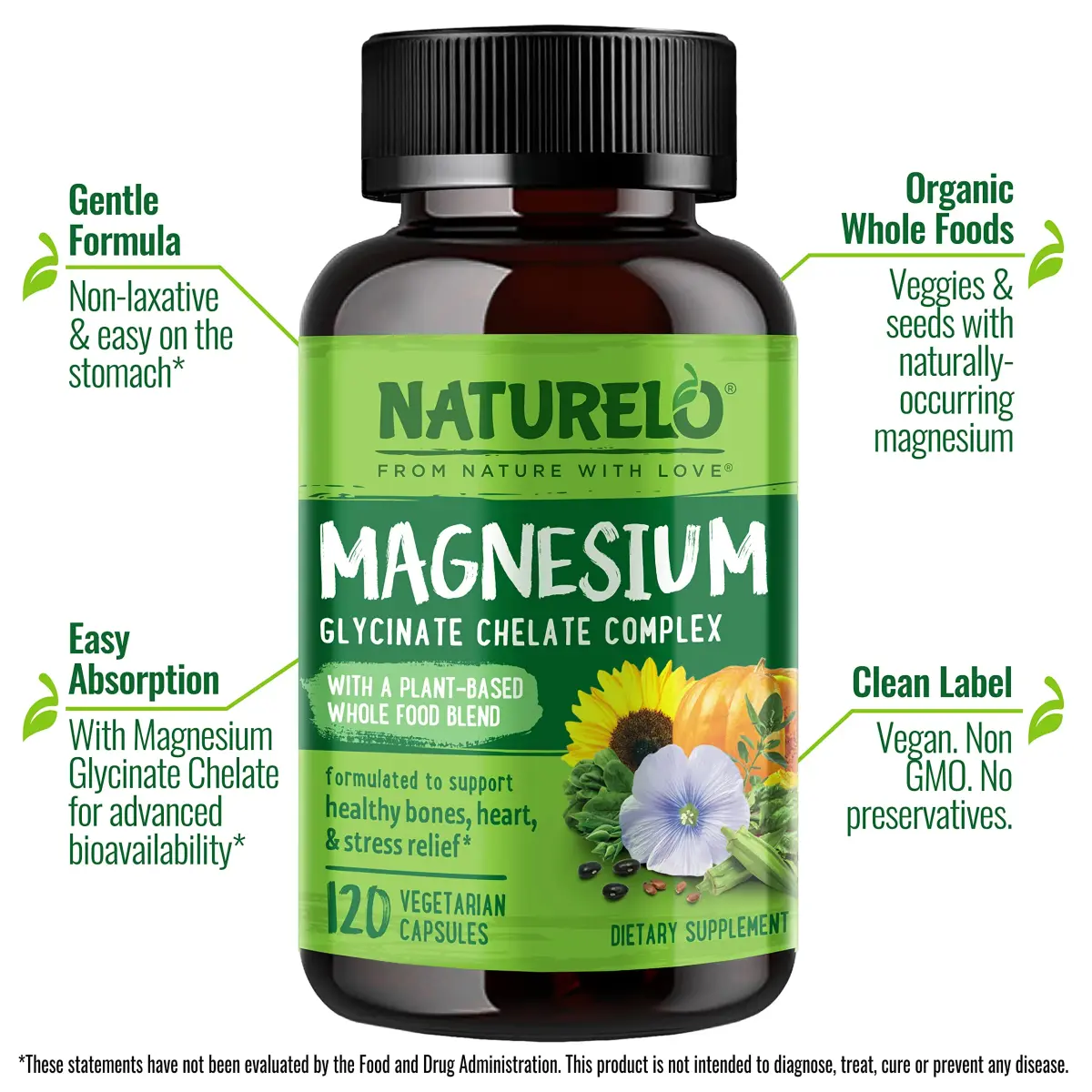 NATURELO Magnesium Glycinate Chelate Complex 200 mg 120 Count | Supports Sleep, Calm, Muscle Cramp & Stress Relief, Gluten Free, Non GMO, with Organic Vegetables - view 2