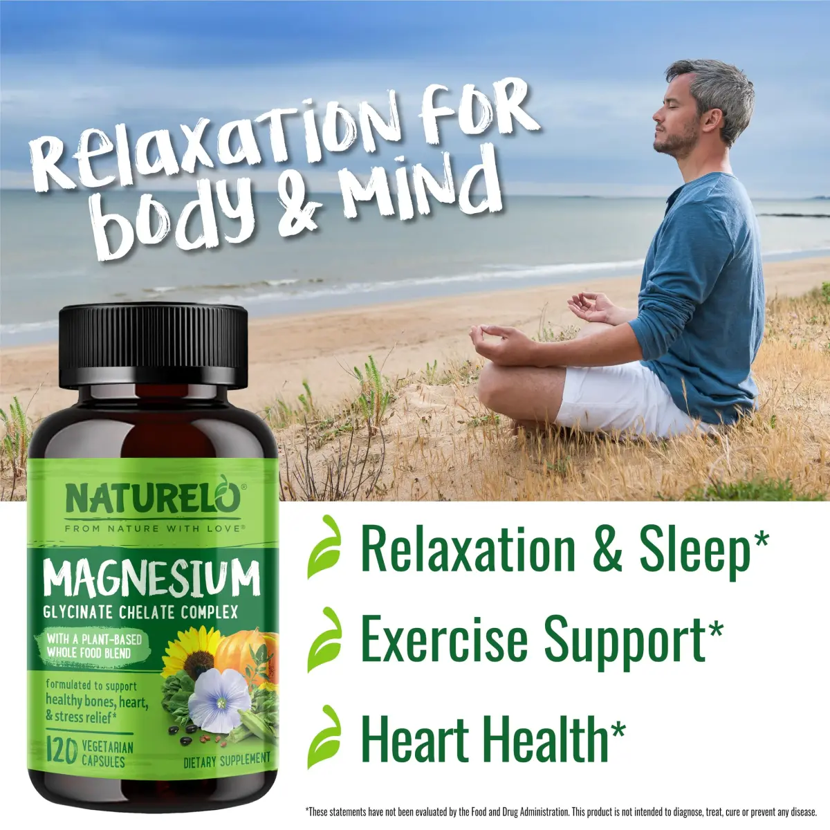 NATURELO Magnesium Glycinate Chelate Complex 200 mg 120 Count | Supports Sleep, Calm, Muscle Cramp & Stress Relief, Gluten Free, Non GMO, with Organic Vegetables - view 4
