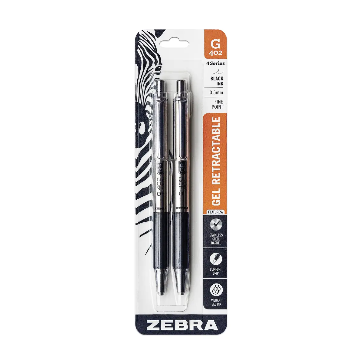 Zebra Pen STEEL G-402 Retractable Gel Pen 0.5mm Fine Point 2-Pack | Smooth Ink Flow for Office and Students - main product image