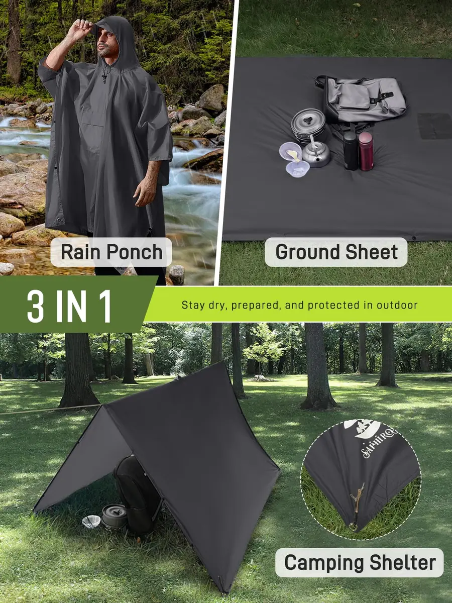 SaphiRose Double Layer Rain Poncho, Waterproof Thick Hooded Raincoat 3-in-1 | Packable Outdoor Gear - view 3