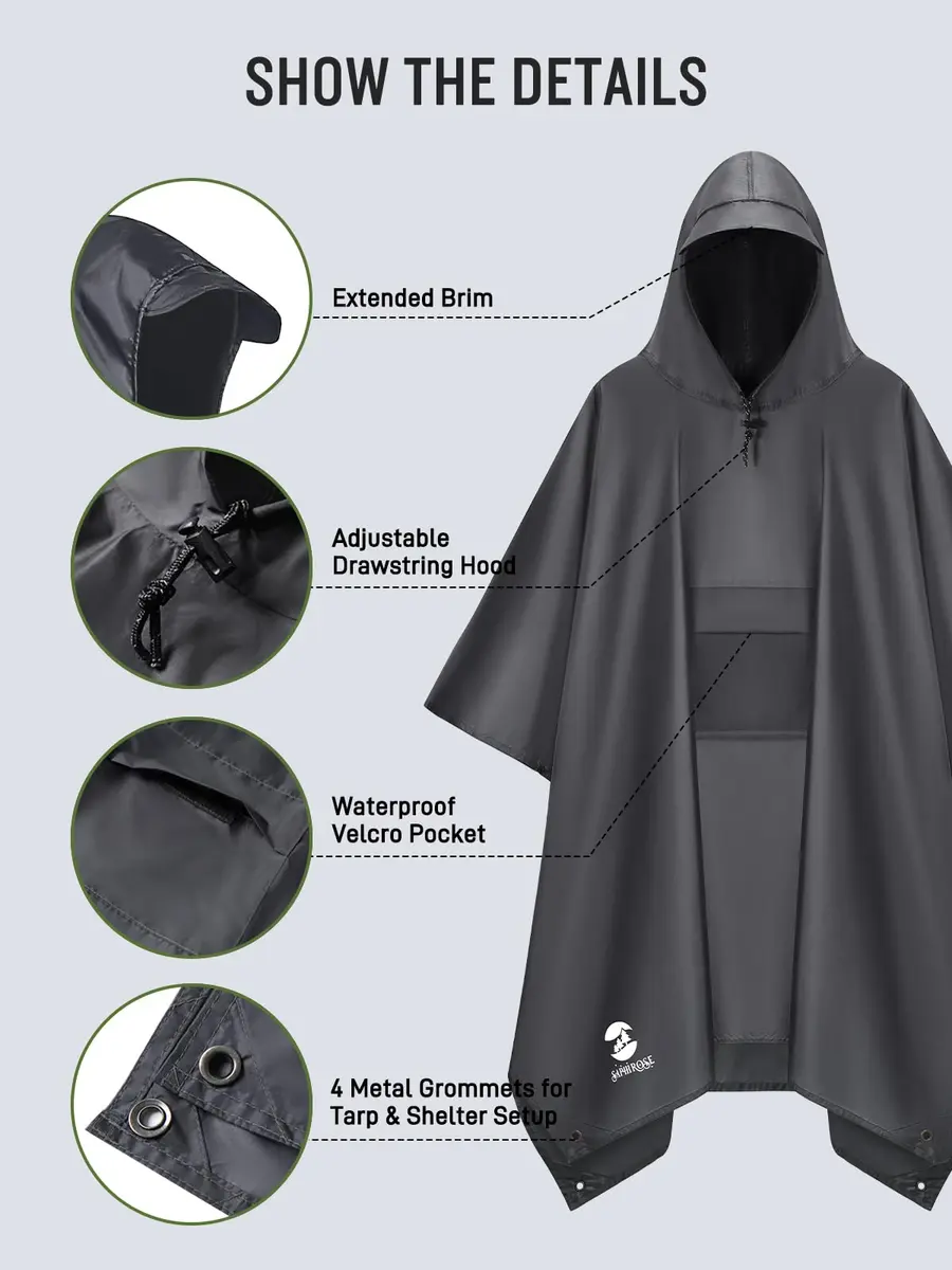 SaphiRose Double Layer Rain Poncho, Waterproof Thick Hooded Raincoat 3-in-1 | Packable Outdoor Gear - view 4
