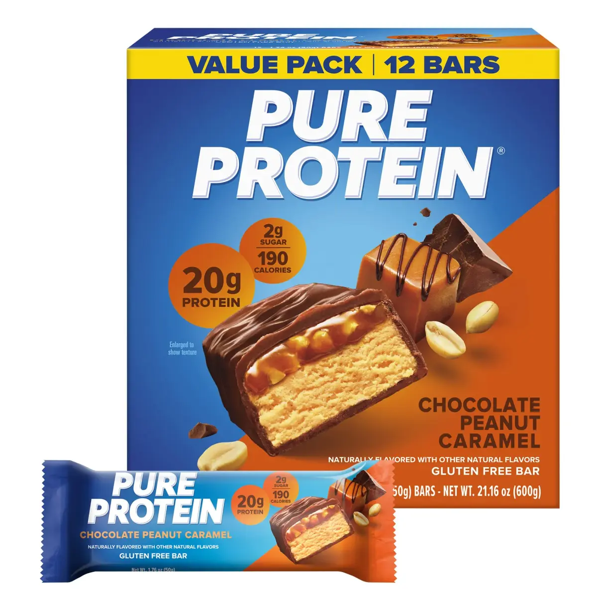 Pure Protein Chocolate Peanut Caramel Protein Bars 12 Ct | 20g Protein, 3g Sugar, Gluten-Free - main product image