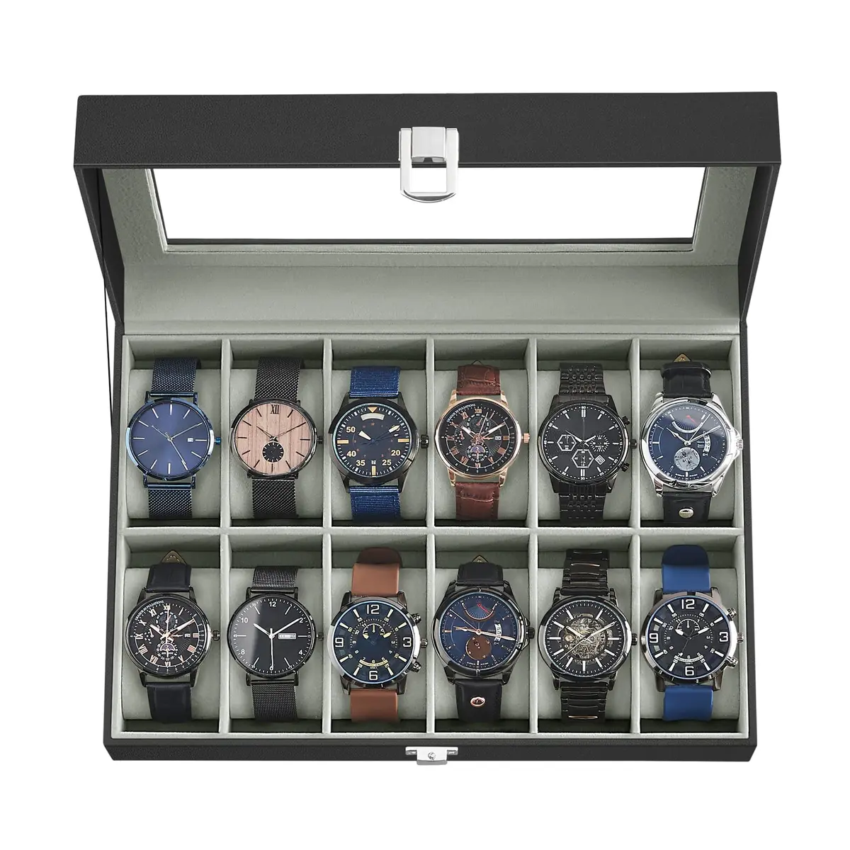 SONGMICS 12-Slot Watch Box Organizer with Glass Lid & Removable Pillows, Black Synthetic Leather, 32cm (12.6in) x 22.8cm (9in) x 12.4cm (4.9in) - main product image