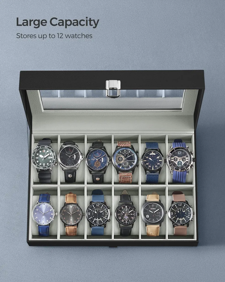 SONGMICS 12-Slot Watch Box Organizer with Glass Lid & Removable Pillows, Black Synthetic Leather, 32cm (12.6in) x 22.8cm (9in) x 12.4cm (4.9in) - view 5