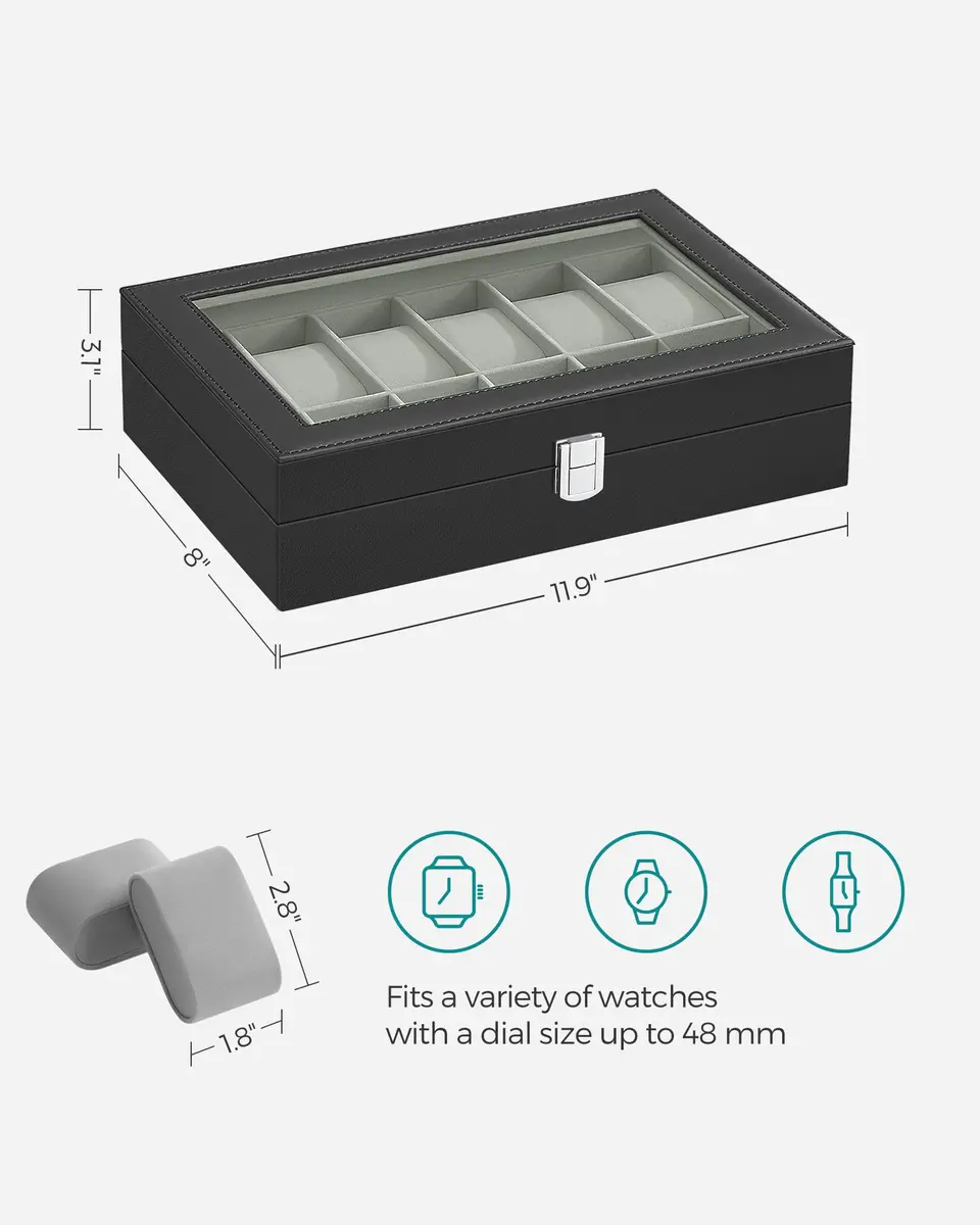 SONGMICS 12-Slot Watch Box Organizer with Glass Lid & Removable Pillows, Black Synthetic Leather, 32cm (12.6in) x 22.8cm (9in) x 12.4cm (4.9in) - view 6