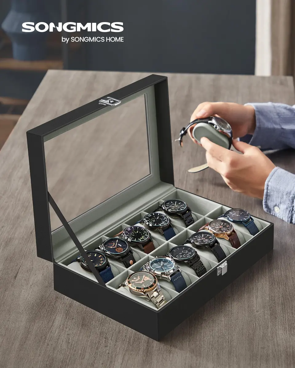 SONGMICS 12-Slot Watch Box Organizer with Glass Lid & Removable Pillows, Black Synthetic Leather, 32cm (12.6in) x 22.8cm (9in) x 12.4cm (4.9in) - view 2