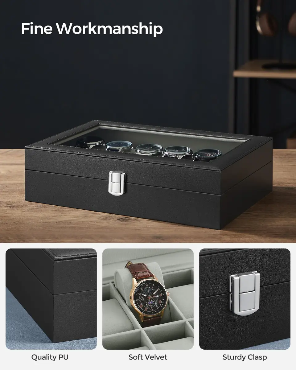 SONGMICS 12-Slot Watch Box Organizer with Glass Lid & Removable Pillows, Black Synthetic Leather, 32cm (12.6in) x 22.8cm (9in) x 12.4cm (4.9in) - view 3