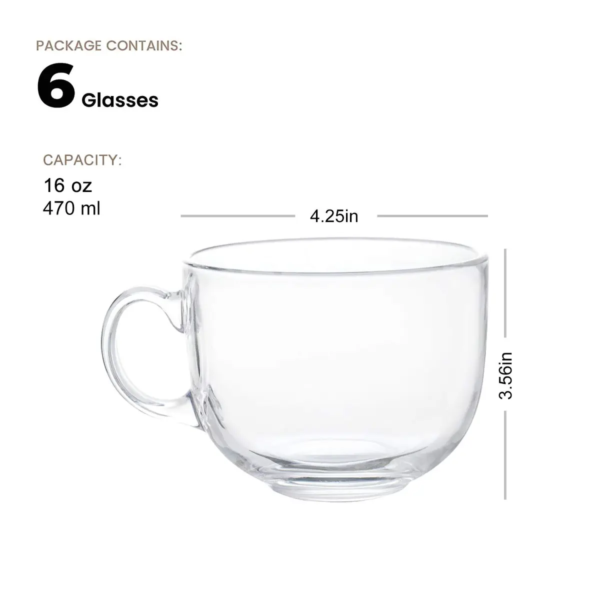 Maredash 16oz Glass Jumbo Mug Set (6 Pack) | Large Handle, Clear Glass, Versatile Use - view 3