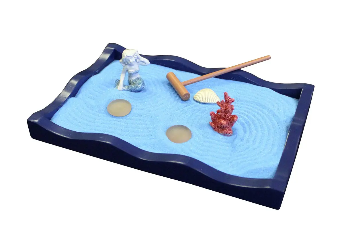 Nature's Mark Mini Zen Garden Kit for Desk with Rake, Blue Sand, Mermaid & Clam Figures, Wavy Base, Glass Rocks | Stress Relief & Focus - main product image