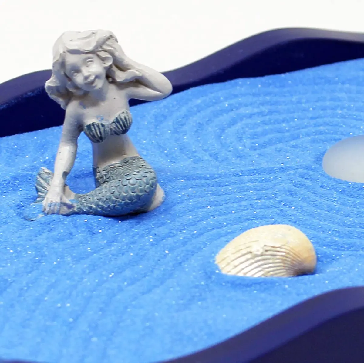 Nature's Mark Mini Zen Garden Kit for Desk with Rake, Blue Sand, Mermaid & Clam Figures, Wavy Base, Glass Rocks | Stress Relief & Focus - view 2