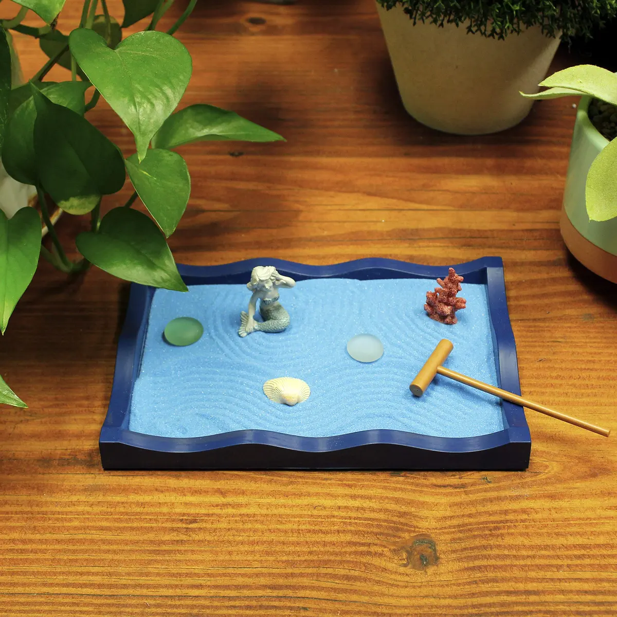 Nature's Mark Mini Zen Garden Kit for Desk with Rake, Blue Sand, Mermaid & Clam Figures, Wavy Base, Glass Rocks | Stress Relief & Focus - view 3