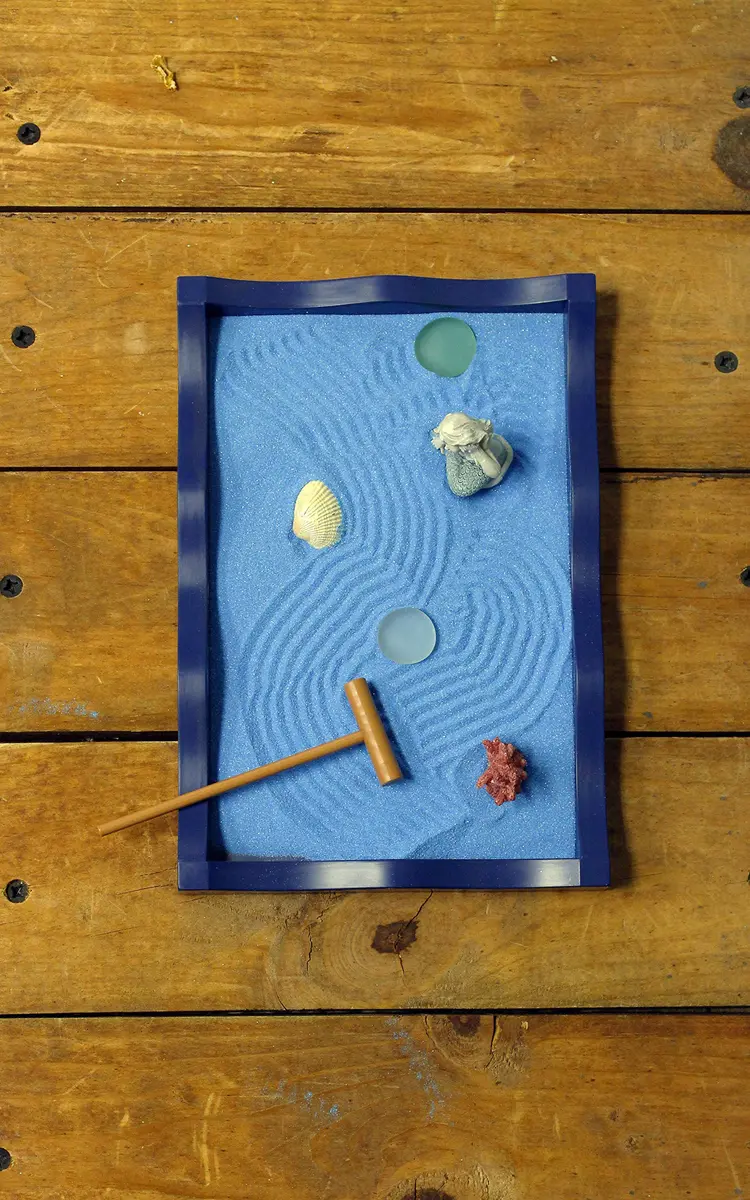 Nature's Mark Mini Zen Garden Kit for Desk with Rake, Blue Sand, Mermaid & Clam Figures, Wavy Base, Glass Rocks | Stress Relief & Focus - view 4