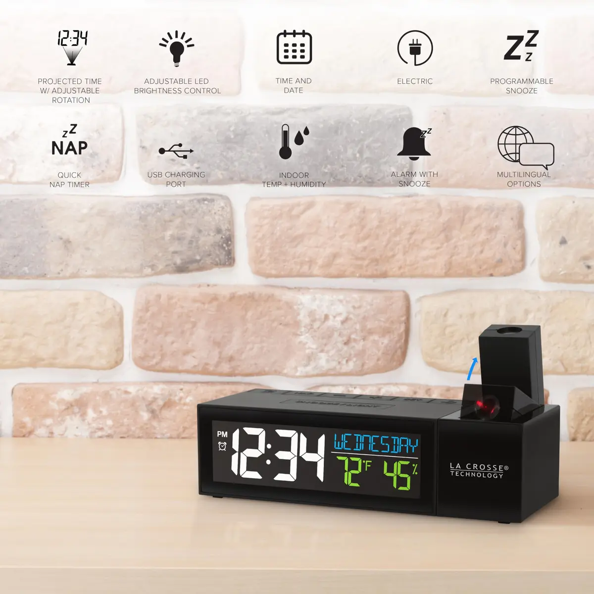 La Crosse Technology Projection Alarm Clock with USB Charging Port 16.5 cm (6.51"L x 2.56"W x 1.81"H) | Projects Time on Wall or Ceiling - view 5