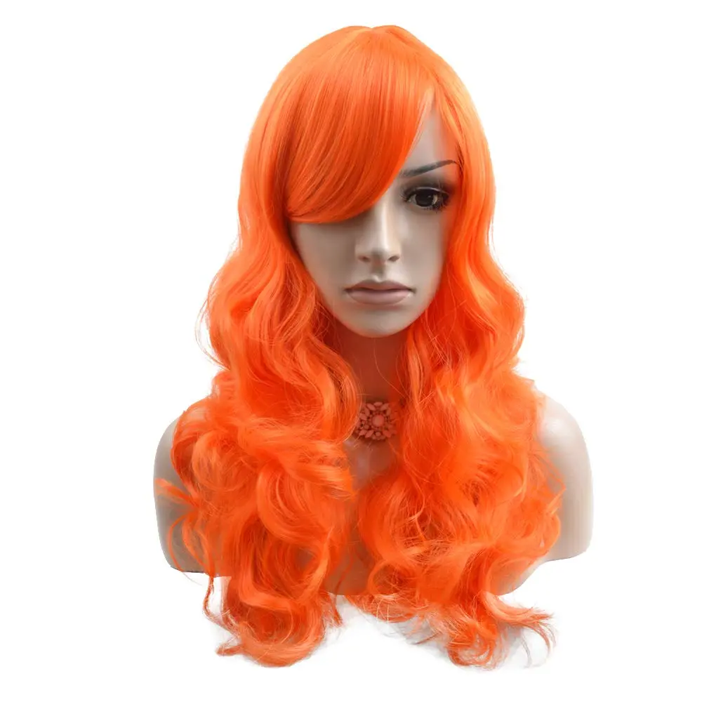 BERON Long Wavy Curly Wig with Bangs and Cap - Synthetic Orange Wig (60cm, 24 inches) | Natural-Looking & Adjustable Fit - main product image