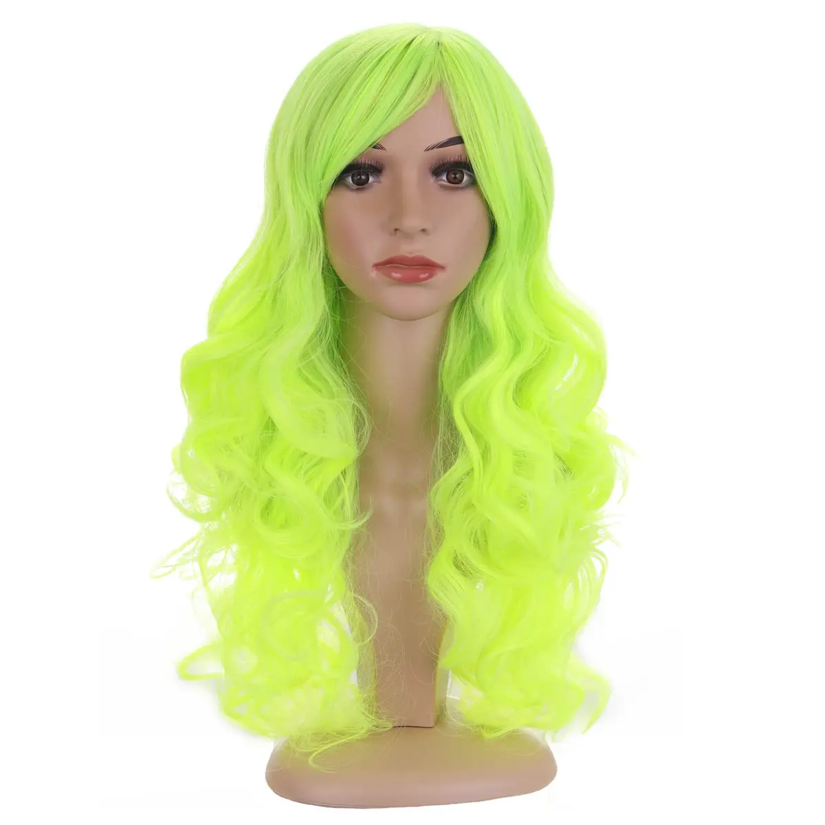 BERON Neon Green Wavy Wig with Bangs | Long Curly Synthetic Wig with Cap, 24 inches - main product image