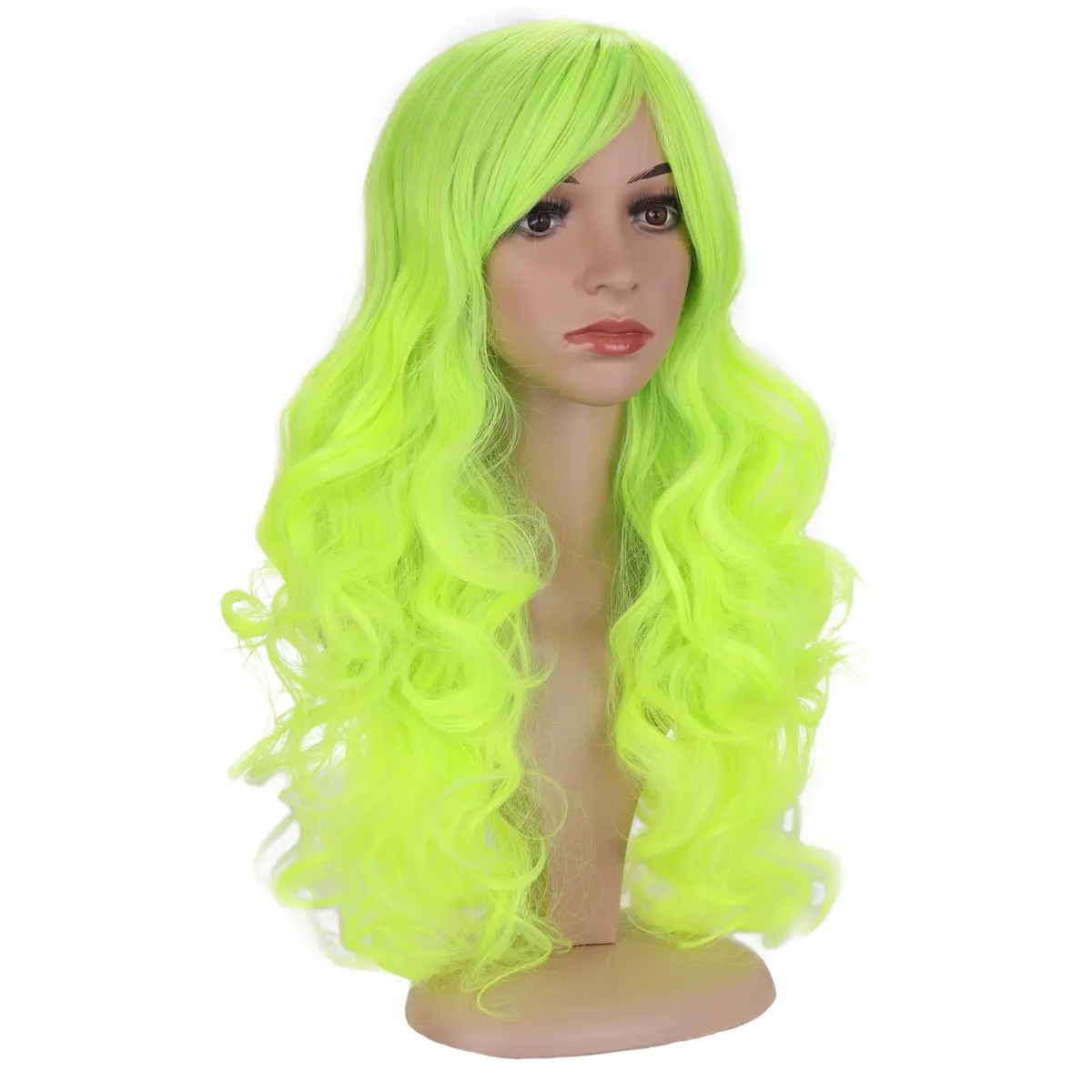 BERON Neon Green Wavy Wig with Bangs | Long Curly Synthetic Wig with Cap, 24 inches - view 2