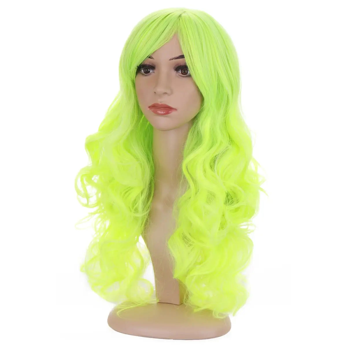 BERON Neon Green Wavy Wig with Bangs | Long Curly Synthetic Wig with Cap, 24 inches - view 3