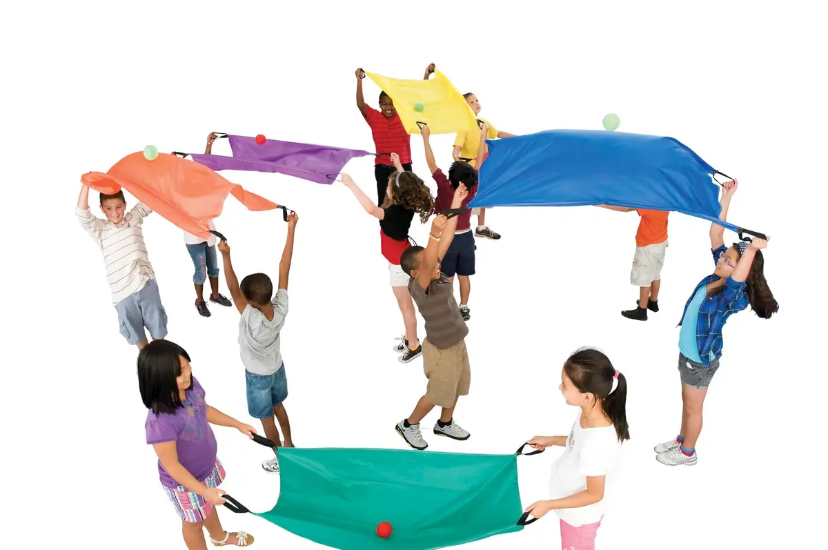 Sportime Parachute for 2 Persons | Set of 6 Assorted Colors, 33 x 50 inches nylon parachutes for teamwork & movement - main product image